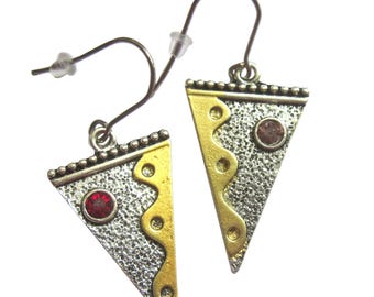 Triangle Earrings Mismatched Mixed Metal Silver And Gold Plated With Glass Decoration Unusual Boho Jewellery