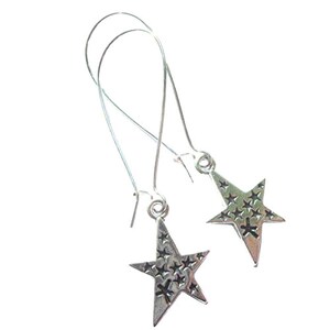 Silver Star Shaped Earrings With Engraved Star Pattern Silver Plated Boho Dangle Pierced Ears Handmade Jewellery image 1