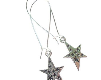 Silver Star Earrings With Engraved Star Pattern Silver Plated Boho Dangle Pierced Ears Handmade Jewellery