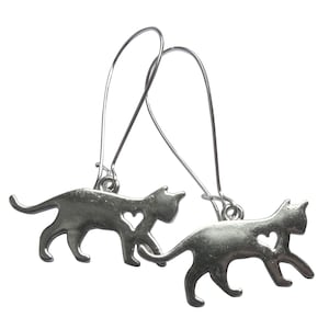 Silver Cat Earrings Heart Feline Kitten Polished Silver Plated Boho Jewellery image 1