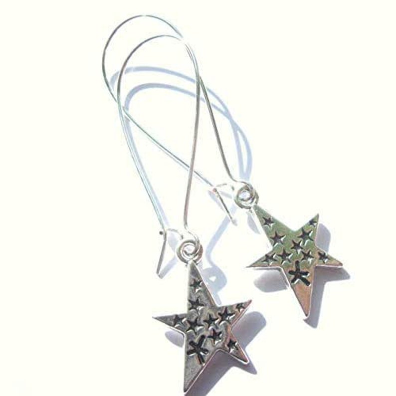 Silver Star Shaped Earrings With Engraved Star Pattern Silver Plated Boho Dangle Pierced Ears Handmade Jewellery image 2