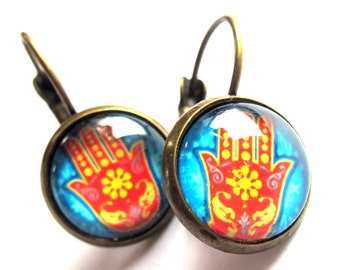 Hamsa Hand Turquoise and Orange Earrings Bronze Leverback Yoga Fashion Jewellery