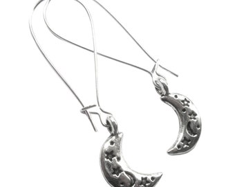 Silver Crescent Moon Earrings Textured Patterned Silver Plated Boho Jewellery