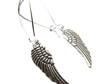 Wing Earrings Textured Patina Silver Plated Long Dangle Boho Jewellery