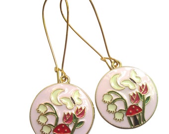 Cottage Garden Flower Pink Earrings Enamel White Red Toadstool Moon Butterfly Floral Gold Plated Jewellery