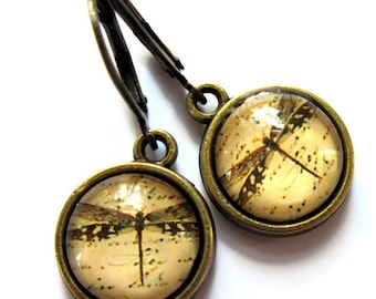 Sepia Dragonfly Leverback Earrings Brass And Glass Boho Dragon Fly Insect Glass Jewellery