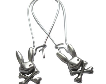 Rabbit Earrings Skull And Crossbones Silver Plated Goth Boho Jewellery