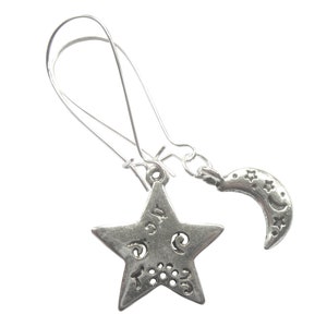 Textured Silver Star And Moon Earrings Mismatched Patterned Silver Plated Boho Jewellery