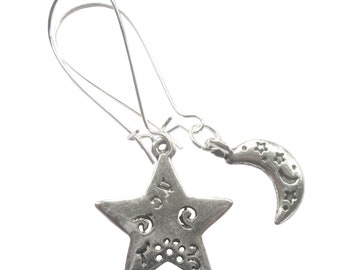 Textured Silver Star And Moon Earrings Mismatched Patterned Silver Plated Boho Jewellery