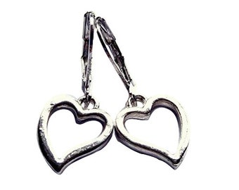 Silver Heart Earrings Small Hollow Silver Leverback Dangle Drop Silver Plated Boho Jewellery