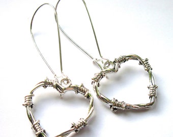 Easter Barbed Wire Heart Silver Earrings Textured Love Hearts Dangle Silver Plated Boho Jewellery