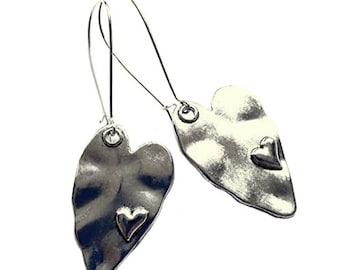 Boho Silver Heart Earrings Silver Plated Textured Patina Jewellery