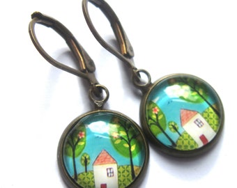 Rustic House Earrings Glass and Brass Leverback Jewellery