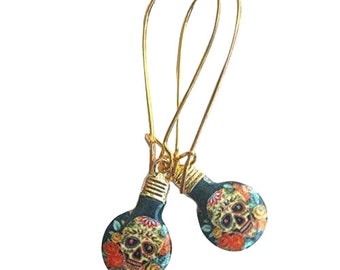 Halloween Sugar Skull Enamel Earrings Gold Plated Day Of The Dead Boho Jewellery