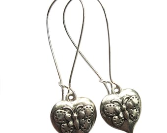 Long Butterfly Earrings Heart Silver Textured Patina Easter Love Hearts Dangle Silver Plated Boho Jewellery