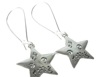 Silver Star Earrings Textured Patterned Long Dangle Silver Plated Boho Jewellery