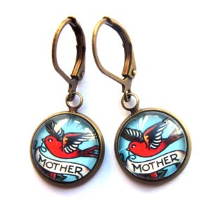 Mother Tattoo Earrings Pin-Up Style Glass Cabochon Brass Lever Back Jewellery