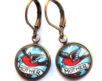 Mother Tattoo Earrings Pin-Up Style Glass Cabochon Brass Lever Back Jewellery