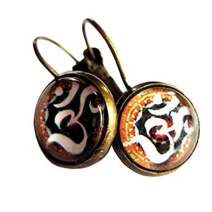Om Symbol Earrings Spiritual Yoga Meditation Glass And Brass Leverback Earwires Boho Fashion Handmade Jewellery image 1