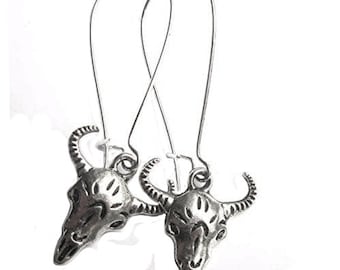 Silver Ram Skull Earrings Silver Plated Animal Bull Head Dangle Boho Jewellery