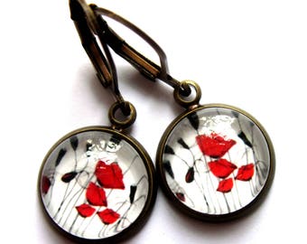 Red Poppy Flower Earrings Glass and Brass Fashion Jewelry