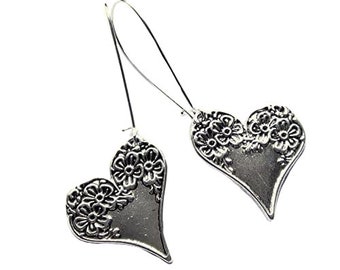 Silver Heart and Flower Earrings Patina Long Textured Silver Plated Boho Jewellery
