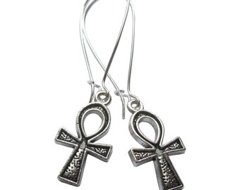 Ankh Earrings Life Symbol Textured Long Dangle Silver Plated Boho Jewellery