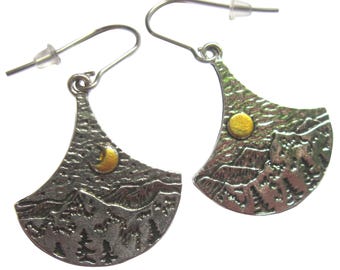 Fan Shaped Earrings Mountain Scene Mismatched Textured Silver Plated With Moon And Sun Decoration Unusual Boho Jewellery