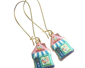 Cake Earrings Enamel Pastel Blue White Pink Gold Plated Boho Jewellery