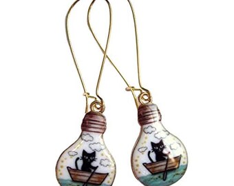 Cat Earrings Enamel Light Bulb Shape Gold Plated Boho Jewellery