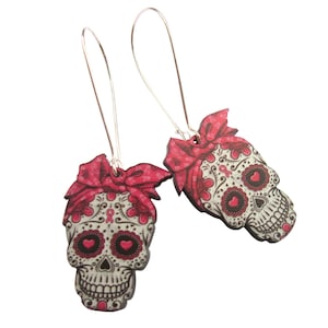 Halloween Pink Resin Sugar Skull Earrings Silver Plated Earwires Dangle Boho Jewellery