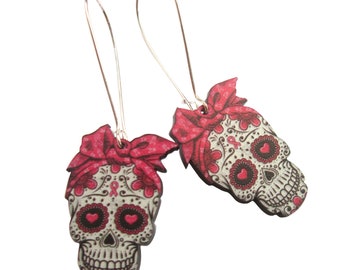 Halloween Pink Resin Sugar Skull Earrings Silver Plated Earwires Dangle Boho Jewellery