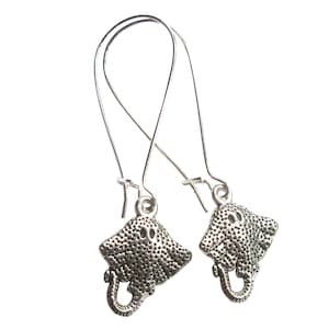 Silver Stingray Earrings Textured Patina Fish Silver Plated Boho Jewellery