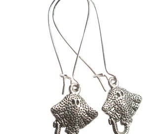 Silver Stingray Earrings Textured Patina Fish Silver Plated Boho Jewellery