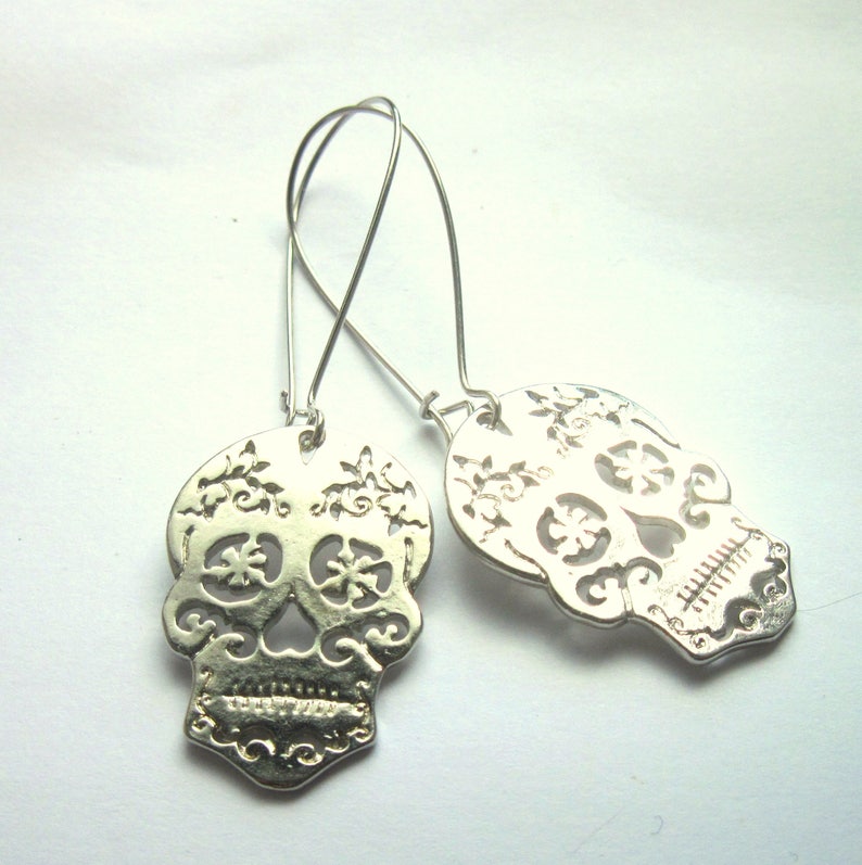 Silver Sugar Skull Earrings Silver Plated Dangle Boho Halloween Jewellery image 4