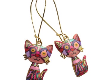 Sitting Cat Earrings Mothers Day Enamel Patterned Red Purple Turquoise Pink Gold Plated Boho Jewellery