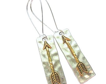 Mixed Metal Arrow Earrings Long Textured Silver Plated