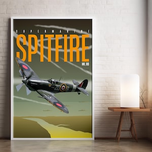 Puede incluir: Un póster vertical que muestra un avión Supermarine Spitfire Mk. IXB de color verde oscuro en vuelo. El texto dice SUPERMARINE SPITFIRE MK. IXB en letras grandes de color naranja sobre un fondo oscuro con estelas blancas y un paisaje.