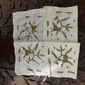 Antique Ottoman Hand Embroidered Linen Handkerchief – 19th Century Metallic Thread Turkish Hanky