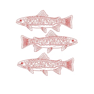 Three Trout Embroidery Design, One Color Linework Fish (Instant Download)