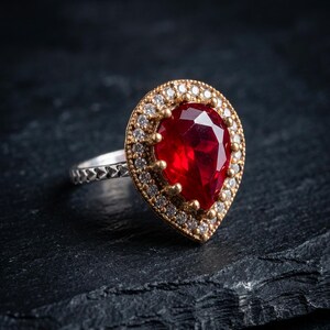 Authentic Turkish Ruby Look Zircon Teardrop Ring, Gold Toned Copper And Silver Statement Ring