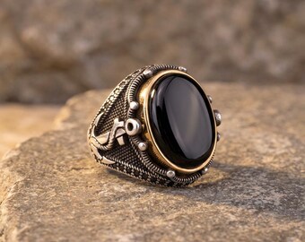 Handmade 925 Sterling Silver Black Onyx Ring – Ottoman-Style Silver Jewelry with Gold Detailing