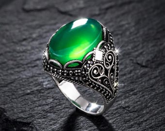 Handmade 925 Sterling Silver Green Agate Ring – Ottoman-Style Turkish Silver Jewelry