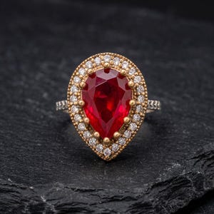 Turkish Authentic Ruby Look Pear Zircon Ring, Gold Toned Copper and Silver Banded.