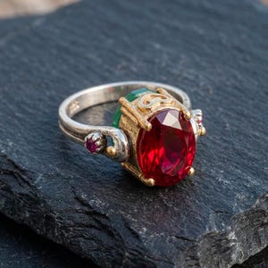 May include: A silver ring with a large, faceted, oval-shaped red gemstone as the centerpiece. The ring has gold accents around the red stone and smaller red gemstones on the sides. The ring is set on a dark, textured surface.