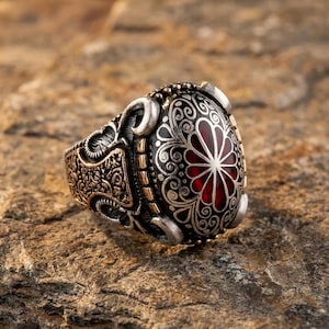 Anello da uomo con motivo ottomano - Argento 925, parte superiore in smalto artistico, gioiello importante