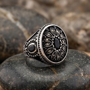 Zilveren ring met zwarte zirkoon – 925 sterlingzilver, patroon vintage Ottomaanse koepel