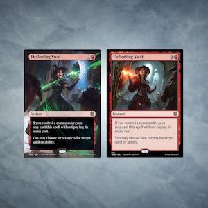 May include: Two Magic: The Gathering cards featuring the artwork "Deflecting Swat." One card has a green border, the other red. Both cards depict a woman in a dark dress, holding a mirror. The text "Instant" is visible.
