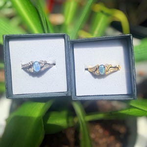 Op de afbeelding: Twee ringen in aparte zwarte vierkante doosjes met witte inzetstukken. De linkerring is zilverkleurig met een centrale ovale blauwe steen en kleine heldere steentjes. De rechterring is goudkleurig met een centrale ovale blauwe steen.
