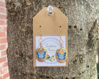 Celestial Blue Butterfly Gold Dangle Earrings